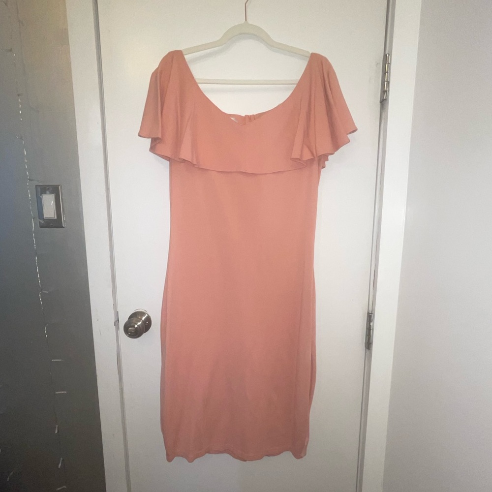 Muted pink off the shoulder dress.